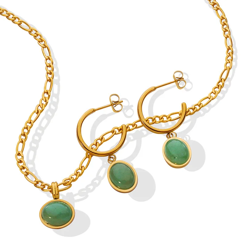 

2022 New Natural Green Agate Necklace Earrings Jewelry Set Ethnic Style Retro Temperament Jewelry Set High Quality Jewelry Set, 1 color