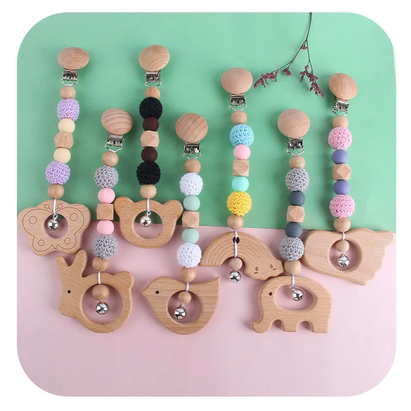 

BPA Free Baby Dummy Chain Teether Holder Crochet Wood Teething Beads Wood Pacifier Clip