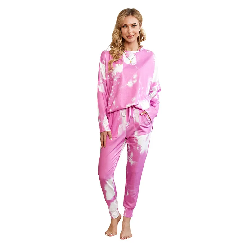 

Women's Long sleeve Tie dyed Soft Nightwear 2pcs Pajamas set Luxury Sleepwear