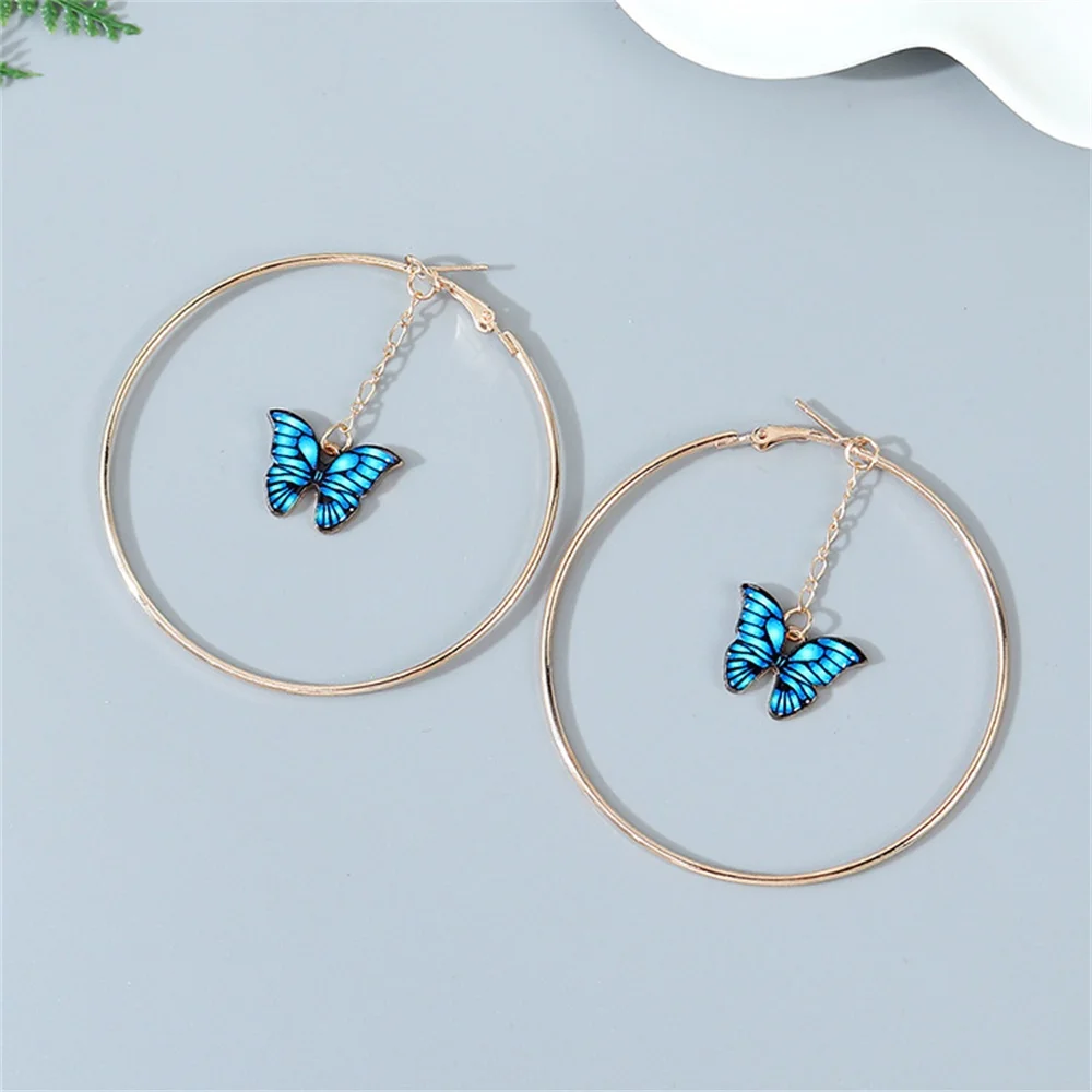 

Wholesale Fashion Jewelry Exaggerated Blue Dripping Oil Butterfly Drop Earrings Gold Plated Large Hoop Earrings For Women Girls