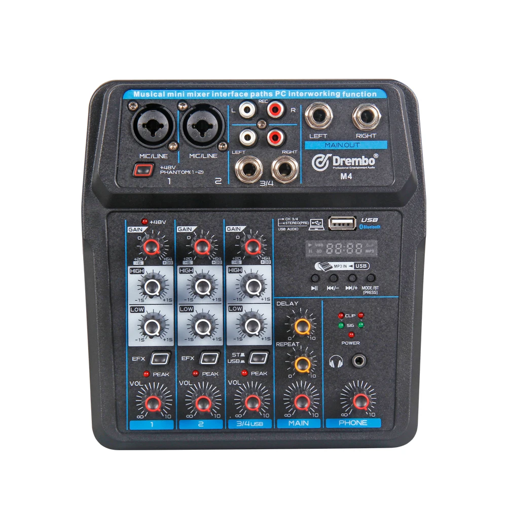 

Debra Audio 4Channel Portable mini audio mixer DJ console with soundcard BT4.0 REVERB 48V for Band Mixing PC Recording Karaoke, Black