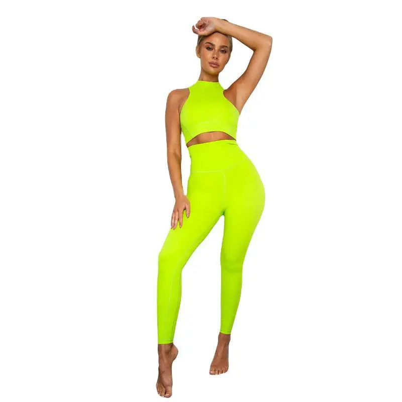 

New Fall Women's Back Zipper Fluorescent Fitness Suit Two Piece Pant Set Women Yoga Suit