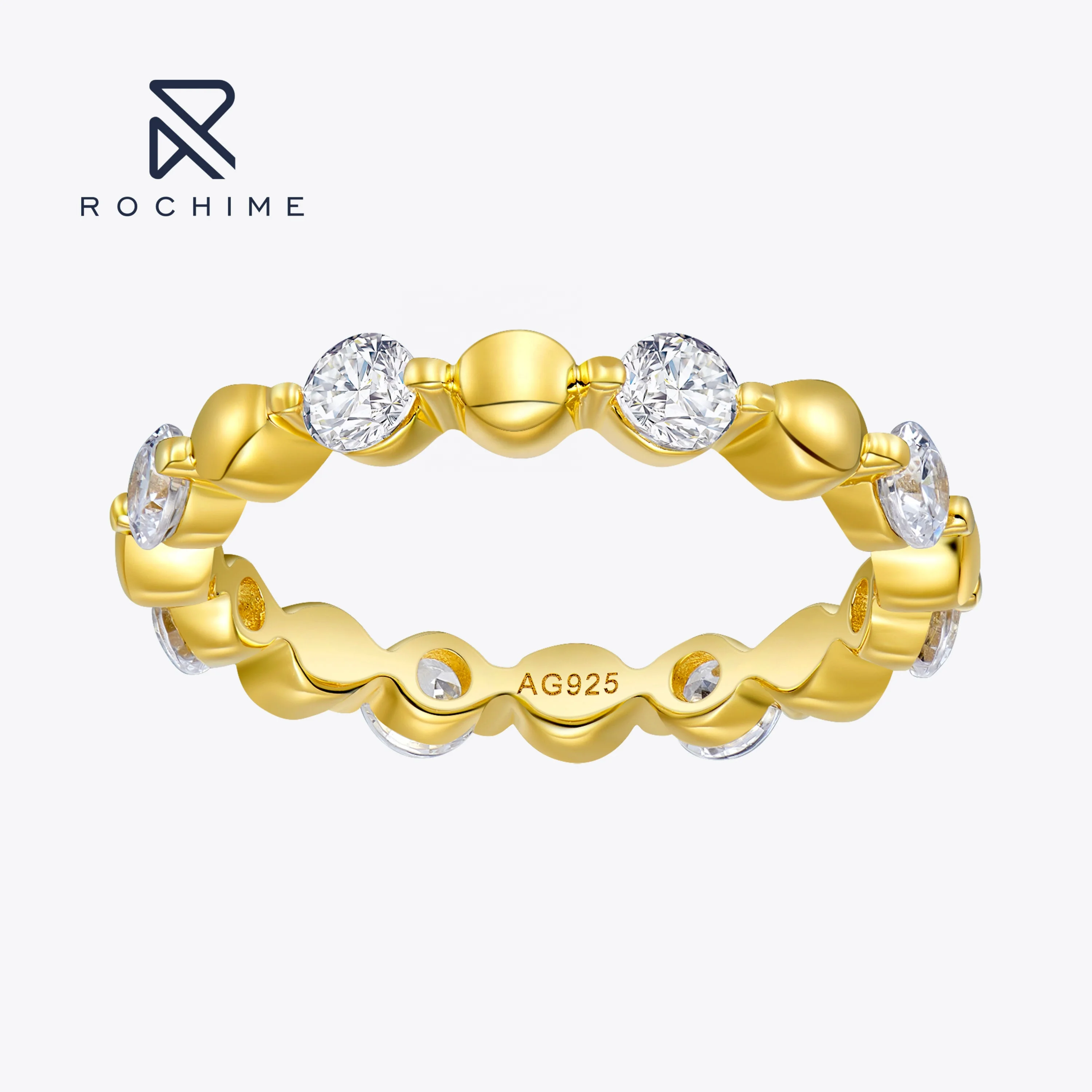 Rochime  Vintage Eternity Band Yellow Gold Plated S925 Silver Ring Luxury Fine Jewelry for Female