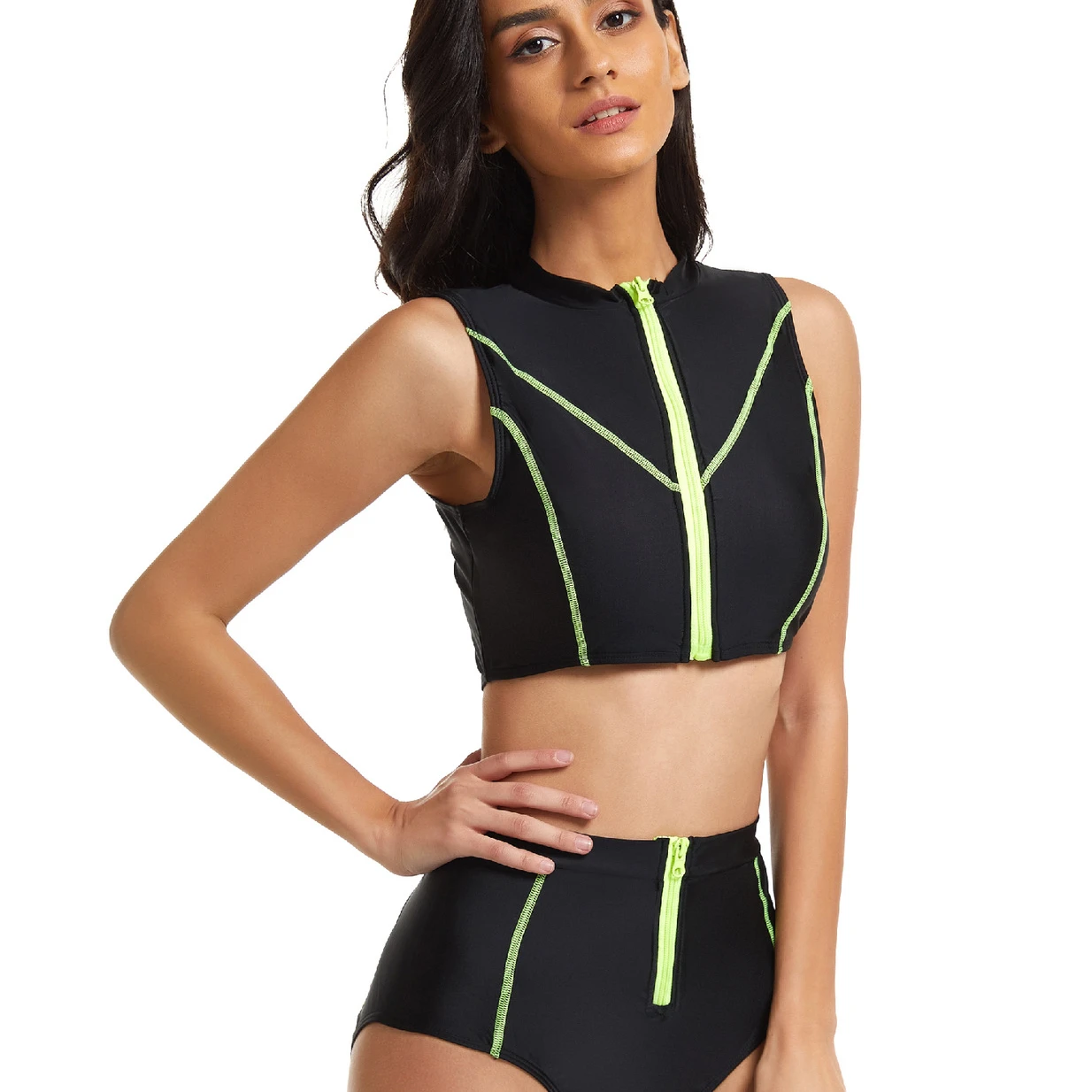 

JSN9202657 manufacture latest two pieces high waist front zip sexy bikini set for women