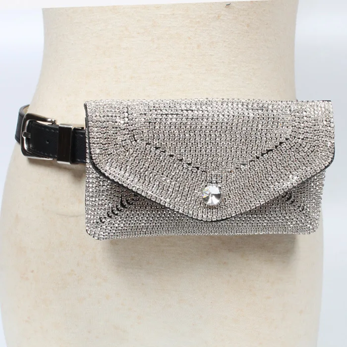 

Hot Sell Bling Bling Women Pu leather Diamonds Fanny Bag Purse Rhinestones Crystal Purse Waist Bags