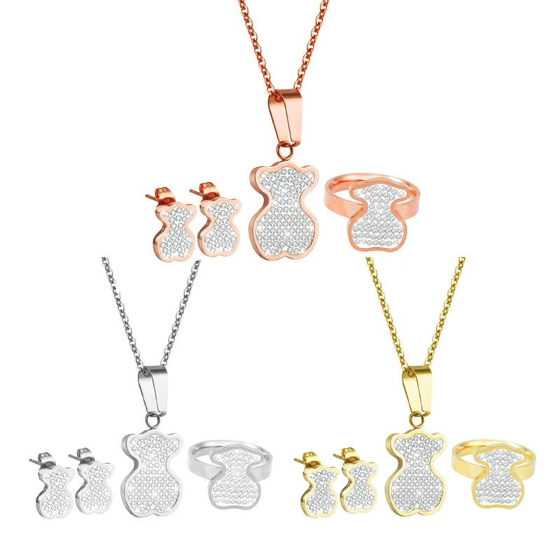 

4pcs Wholesale Accessories brilliance fine B2B Jewelry Set Bear Earring Ring Necklace Stainless Steel Jewelry Set, 18k gold plated