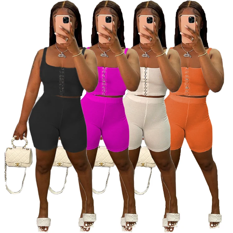 

LY8045 Fashion Vest 2 Piece Legging Set Women Sexy Tops Women Biker Shorts Set