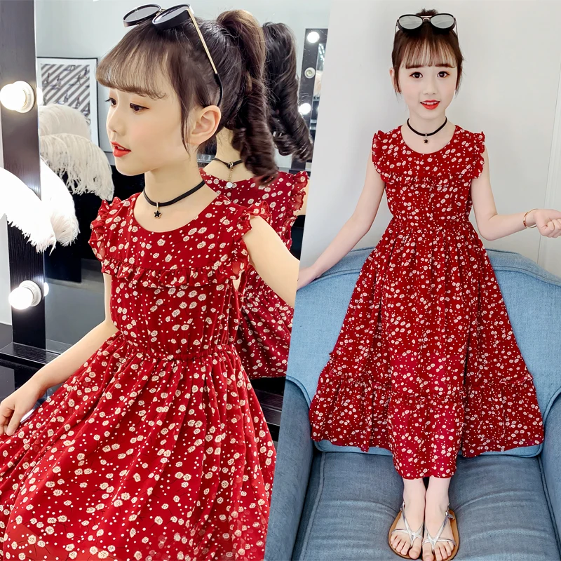 

Wholesale boutique girl's chiffon dress girl's Bohemia long skirt children's holiday skirt, Red