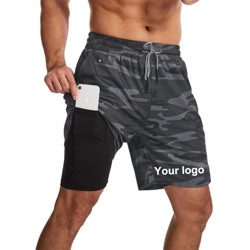

Men's Camo Custom Logo 2 In 1 Lined Athletic Sports Shorts Mesh Workout Fitness Shorts For Men, As picture show