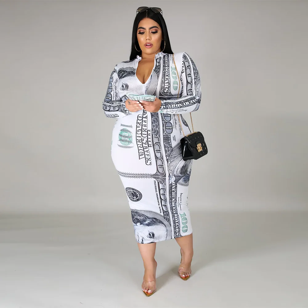 

Plus Size Womens Dresses 4XL fashion curve Clothing Tie dye printed V-neck Printed hip zipper