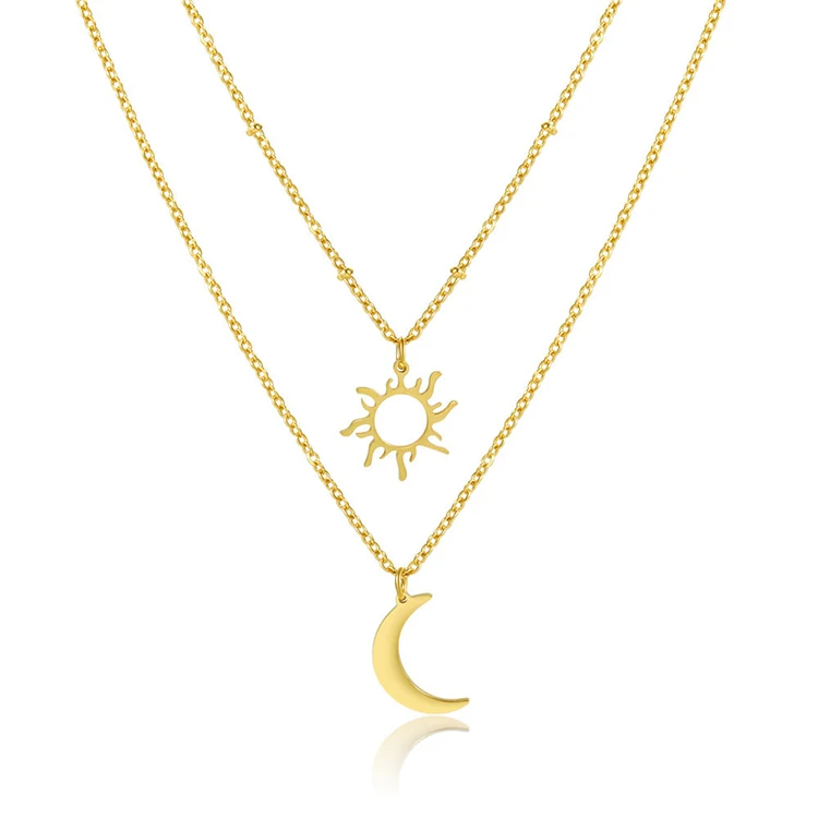 G1878 Fashion Double Layered Necklace Stainless Steel Jewelry Beaded Chain Sun And Moon Necklace