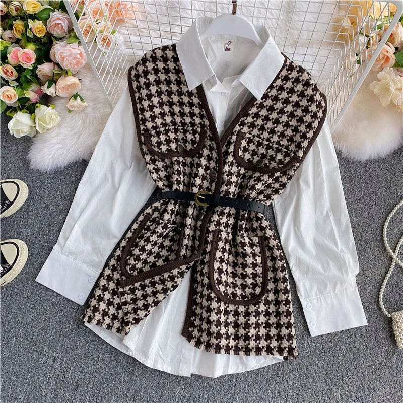 

Wholesale Houndstooth Loose Vest Shirt Knitted Tweed Sleeveless Waistcoat White Long-Sleeved Shirt Two-Piece Set for Women