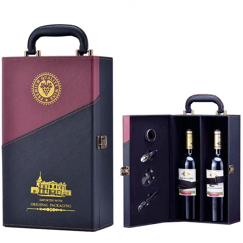 Wholesale Custom Luxury Wine Leather Gift Box High Quality Handmade 2 Bottle Wine Packing Box