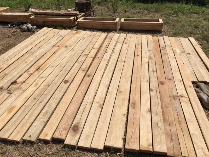 Reclaimed wood planks laid out for planter construction