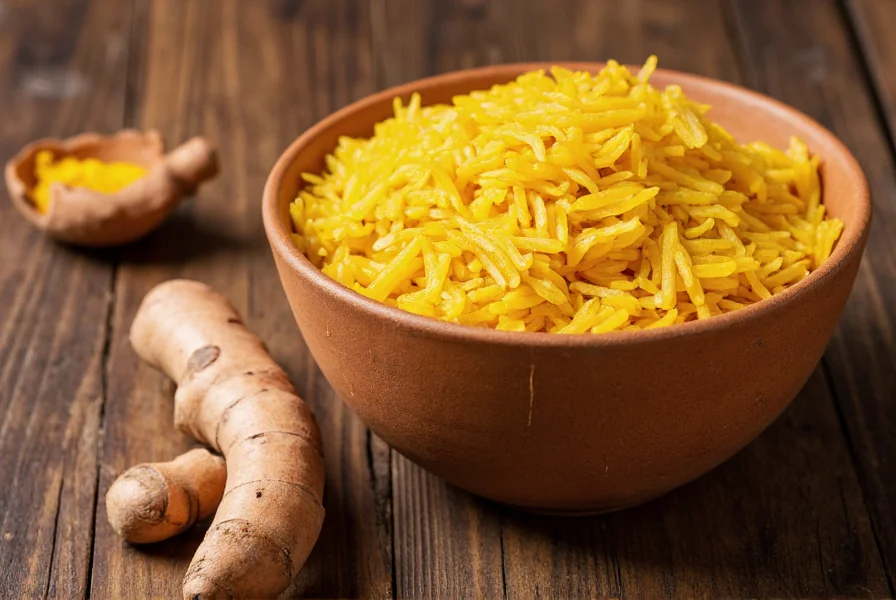 Fresh turmeric root next to golden cooked rice in ceramic bowl