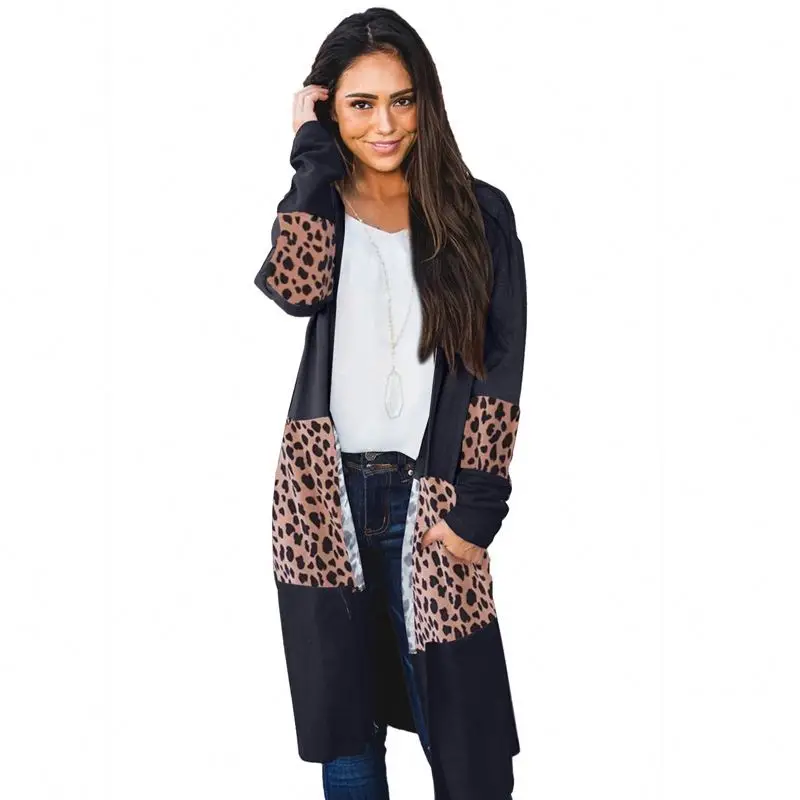 

Fashion Black Leopard Splicing Colorblock Womens Sweater Casual Fall Cardigan