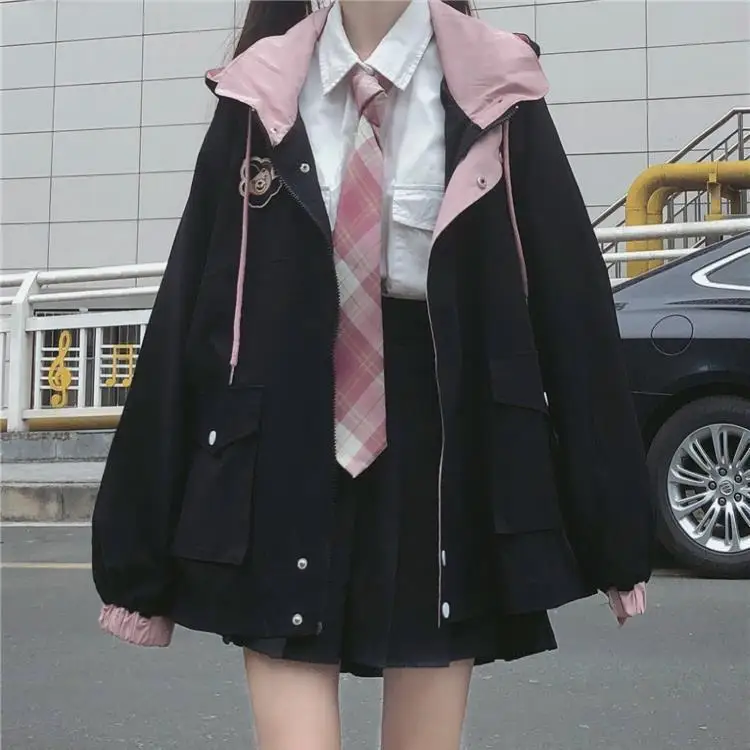

Japanese Kawaii Zipper Black Jacket Women Harajuku Autumn Oversized Preppy Style Cute School Girls Pink Outwear Korean, Black pink