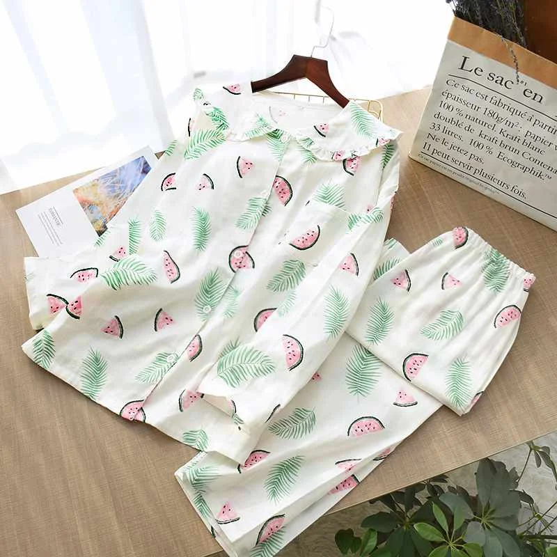 

Japanese new spring and autumn ladies cotton gauze long-sleeved trousers two-piece sweet and cute home service set sleepwear wo, Required