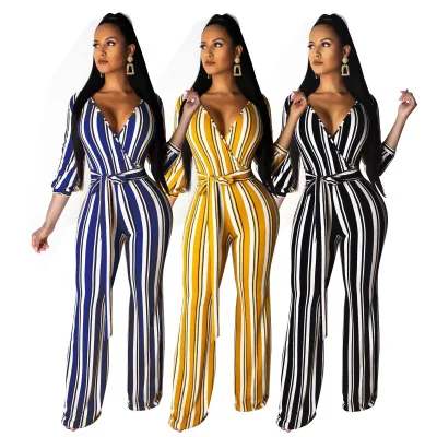 

CL-179 High Quality Female Clothes Plus Size Jumpsuits V-neck Wide Leg Striped Jumpsuit Women, As picture show
