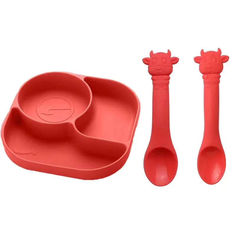 

Customized BPA free baby toddler suction divided silicone plate with spoon, Red, pink,green, purple