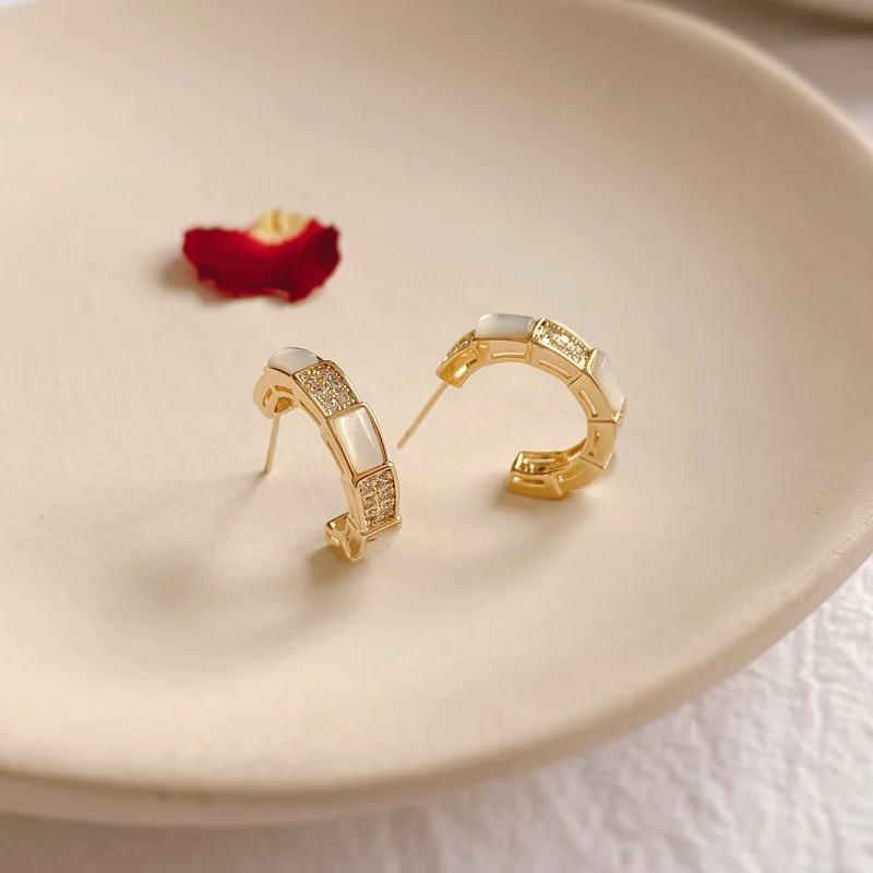 

Hot Selling Snake Bone Opal Earrings Women's Silver Needle Plated 14k Real Gold Hoop Earrings, 14k gold color
