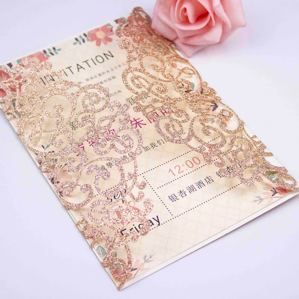 

rose gold glitter gate fold pocket wedding invitation cards Laser Cut invitations greeting gift Cards with envelope insert