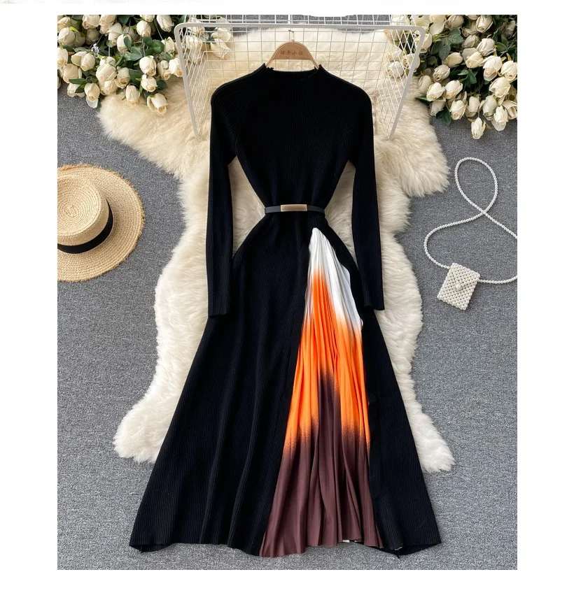 

New french knitted women fall winter Spliced gradient empire grace Midi pleated dress