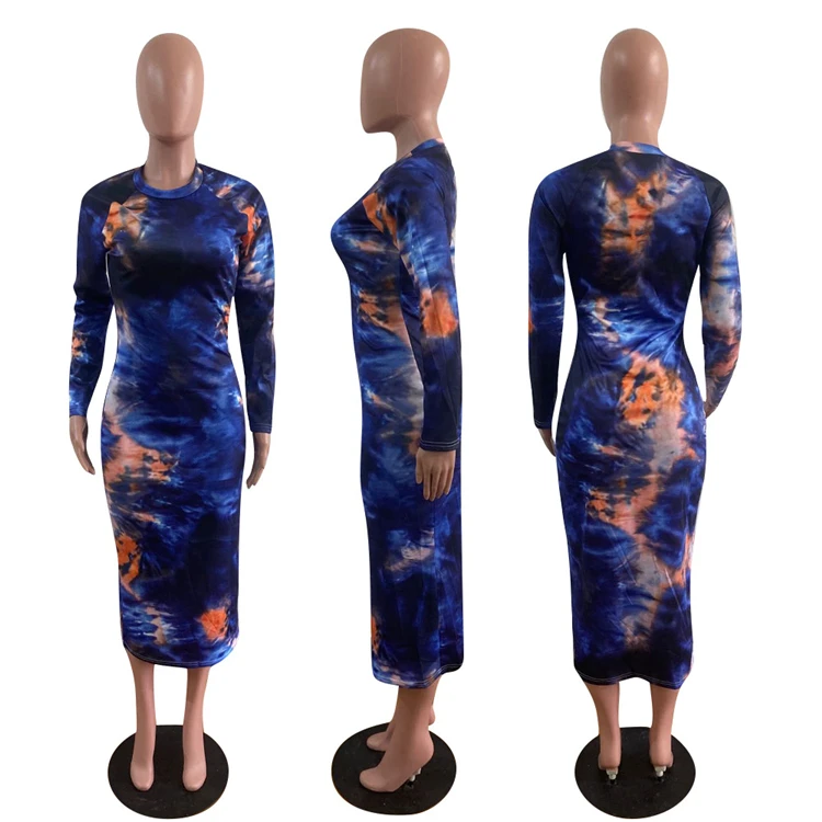 Best Seller 2021 Autumn Fashion Casual Long Sleeve Round Collar Tie Dye Ladies Dress Long Dress For Women