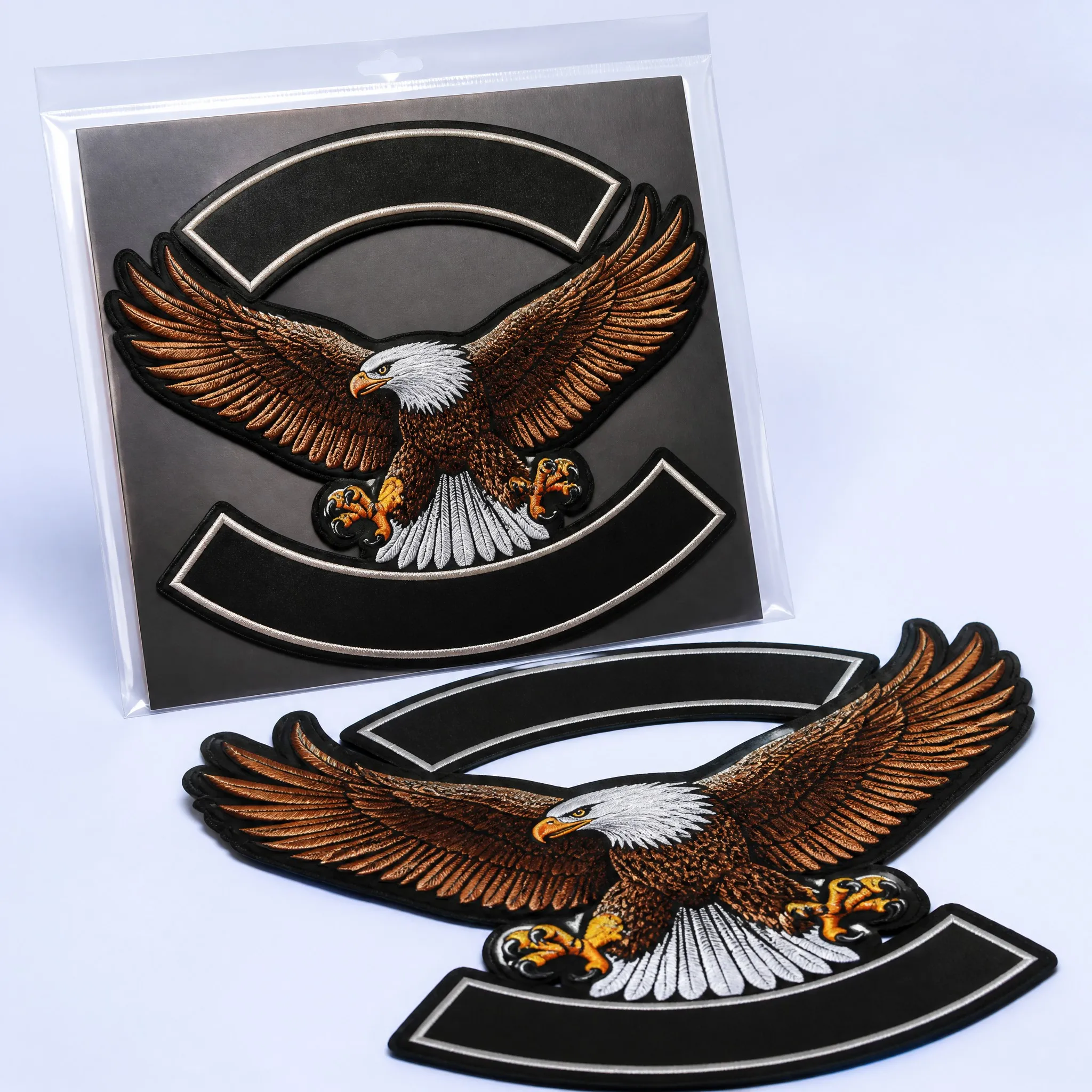 Turnkey 3-Piece MC Back Patch Set Packaging: Giant Soaring Bald Eagle with Blank Customizable Top and Bottom Arched Rocker Banners