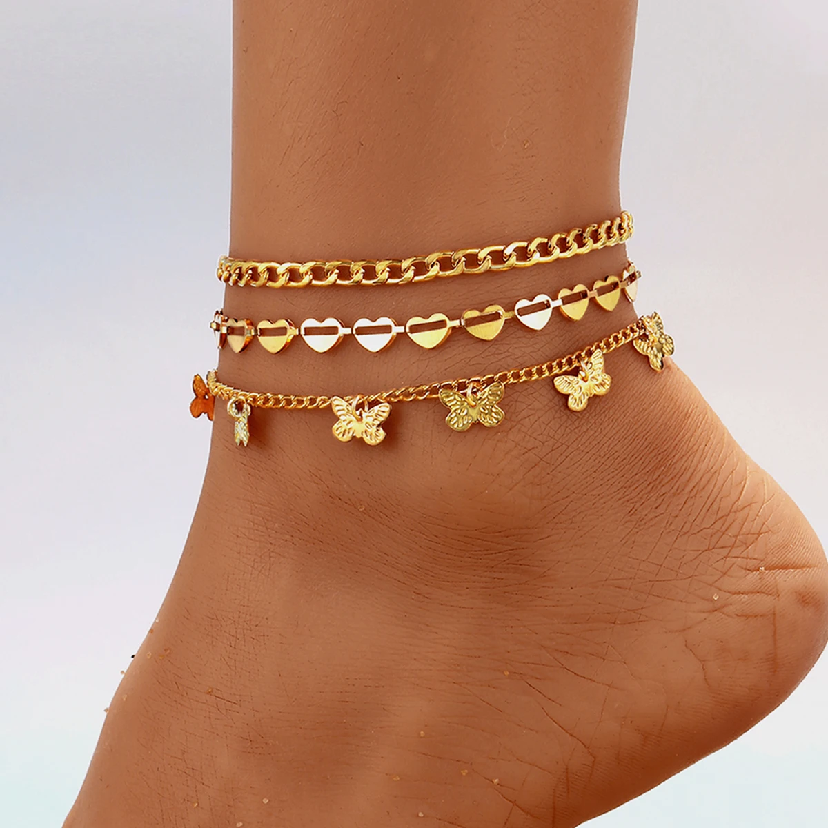 

Vintage Geometric Butterfly Multilayer Anklet Shell Love Lady Gold Feet Chains Simple Jewelry Accessories Gift