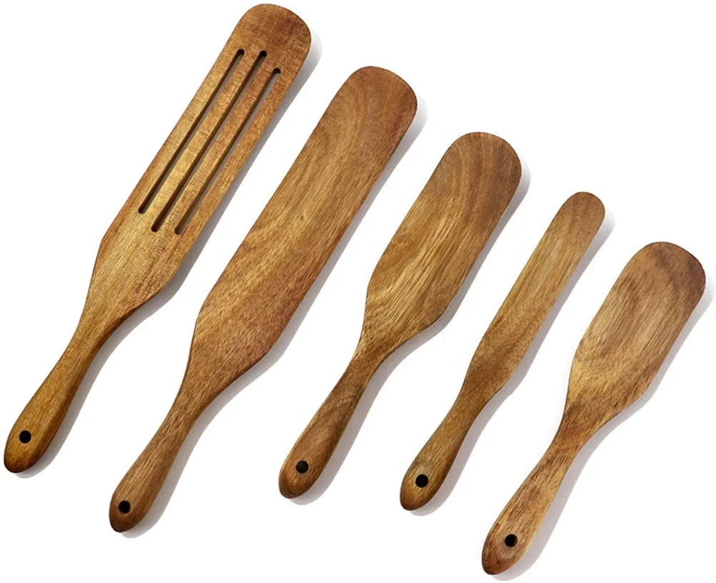 

5PCS Wooden Spurtles Set - Premium Wooden Cooking Utensils Set - Non Stick Kitchen Cookware Wooden Slotted Spurtle Spatula Sets