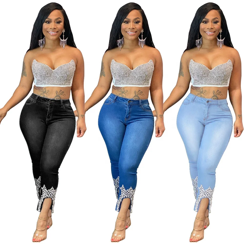 

KX-LD9070-2 Top quality autumn sexy jeans for women solid beaded crown jeans pants stretch pencil women's jeans