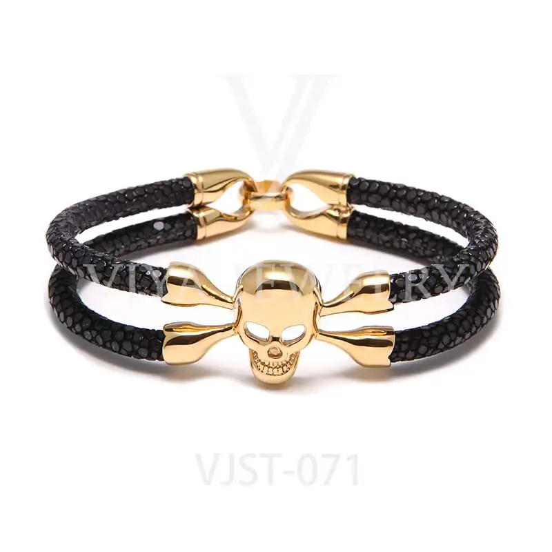 

Fashion Stingray Leather Skull Jewelry Gold And Red Bracelet Women Or Man, Black/red/white/green/blue/grey