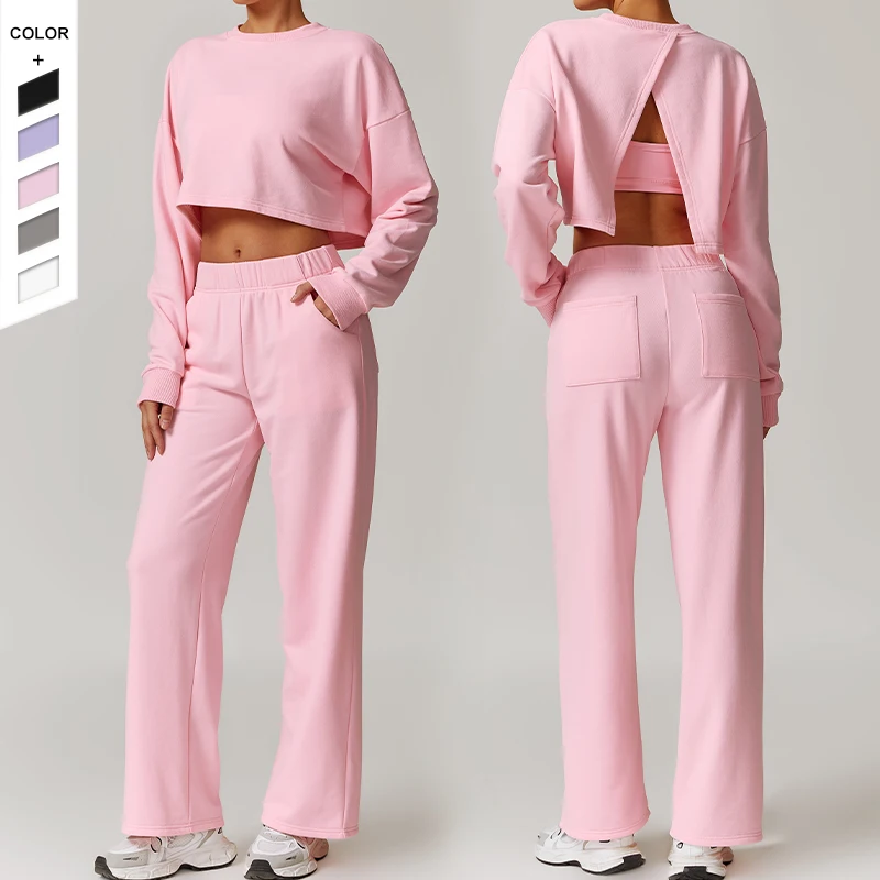 Wholesale High Elasticity Set Round Neck T-shirt High Waisted Loose Hem Pants Workout Sports Set