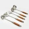Premium stainless steel kitchen cooking utensils set rose wood handle slotted spatula spoon cookware gadget rotating stand