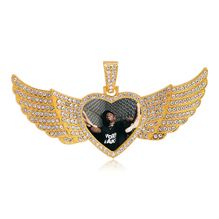 

Wholesale hiphop necklace photo frame charms 32mm Angle Wing blank bezel rhinestone pendant base trays with glass cabochon