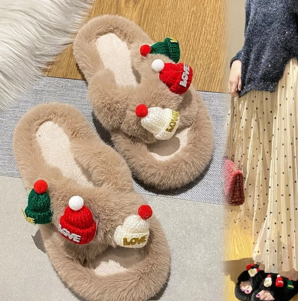 

2021 Happy Merry Christmas Women Rubber Slippers Halved Belt Flat Fur Slides For Women Happy Holiday Lovely Fluffy Slippers