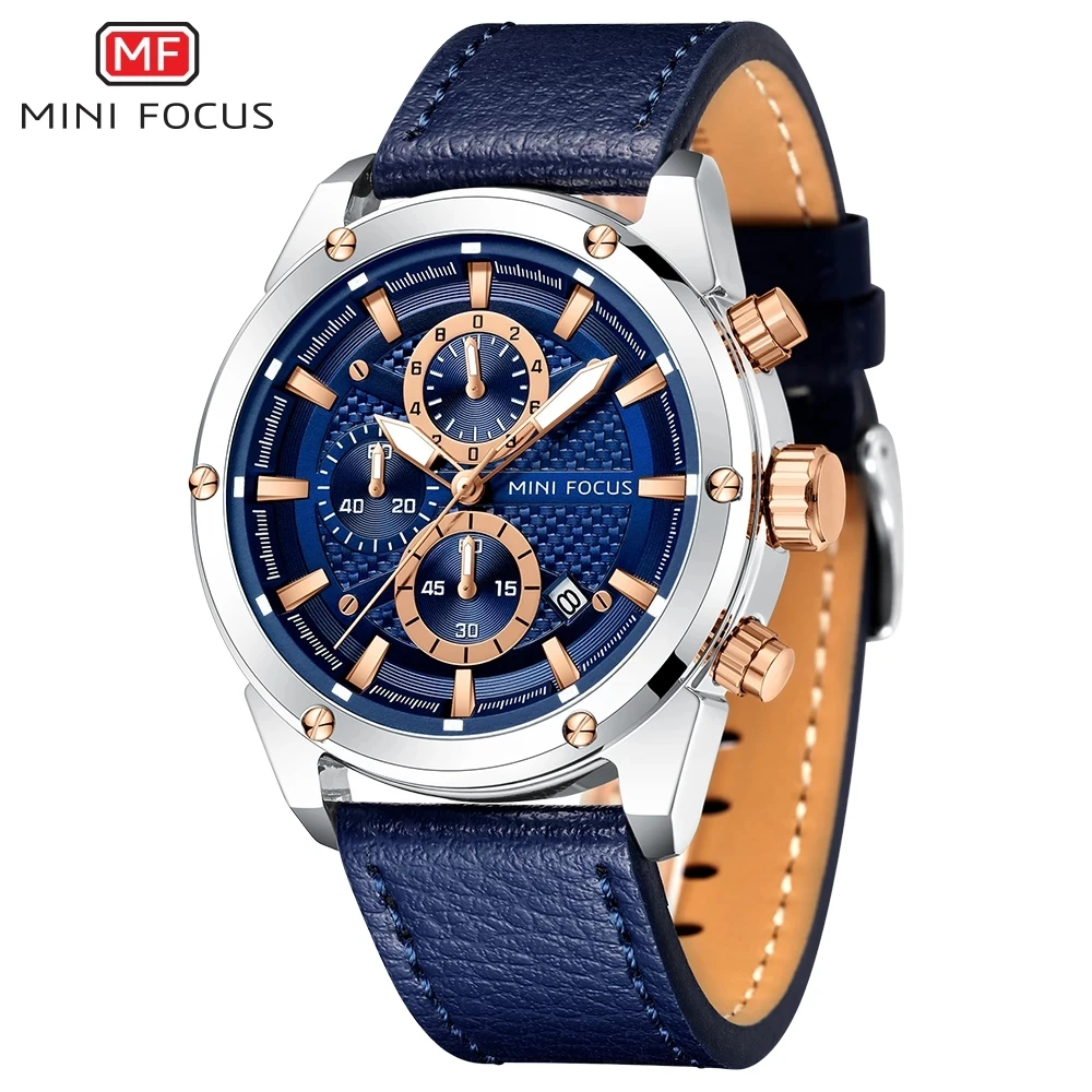 

Mini Focus 0161 Leather Chronograph Quartz Watch Luminous Waterproof Sports Watches Men, 4 colors choice