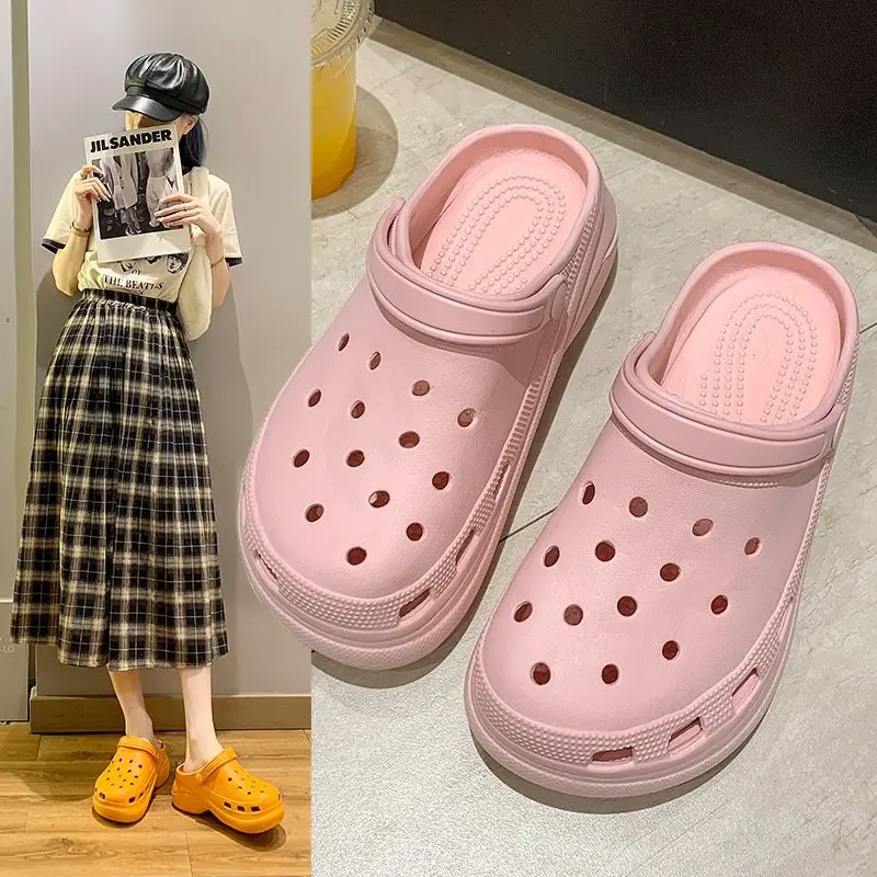 

Hole shoes female non-slip outer wear thick-soled 2021 new fashion Baotou slippers wild high-heel sandals ins tide, Black/white/pink/orange/green