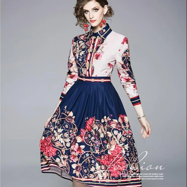 

Long sleeve floral printed vintage women summer dresses with bow boho clothing Thailand sumer dresses casual, Blue