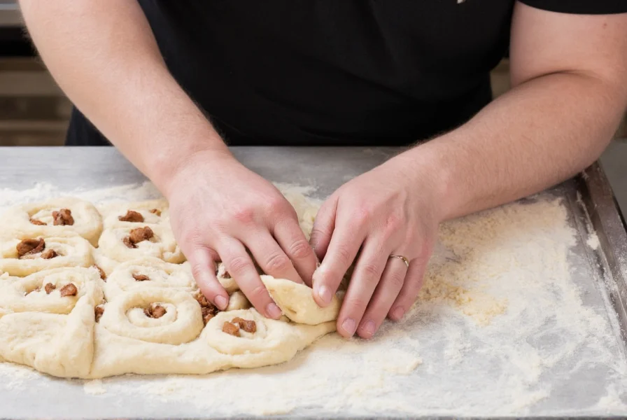 Professional baker shaping cinnamon swirl dough with evenly distributed cinnamon filling on floured surface