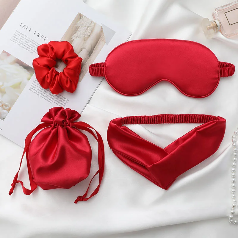

Custom Satin Silk Sleeping Eye Mask Hair Band Hair Scrunchie and Drawstring Bag, Picture shows