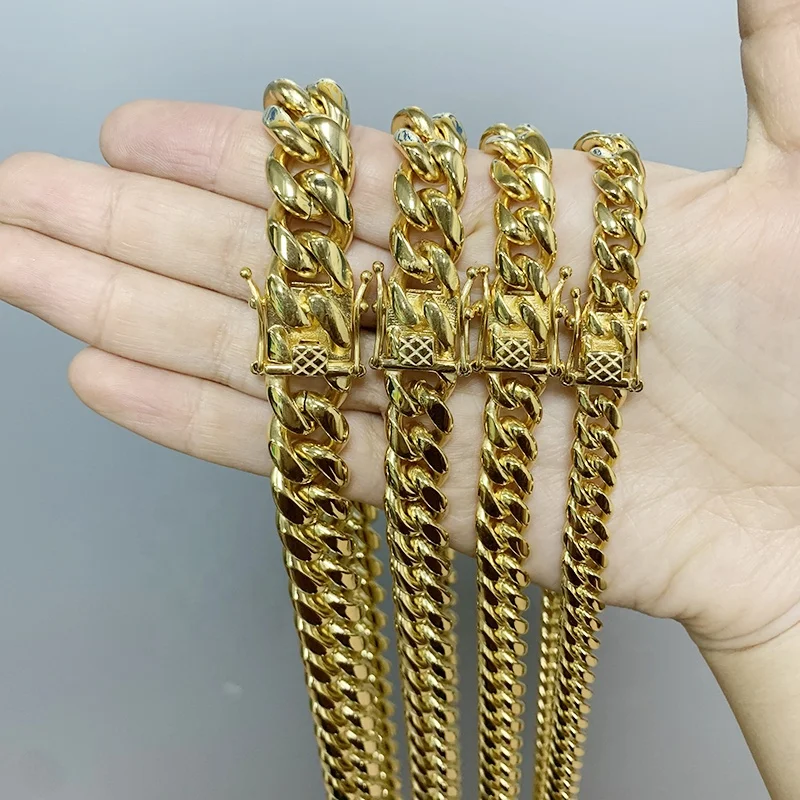 

Ready to Ship Stock Stainless Steel 316L 18K Pvd Plated 8MM Miami Mens Cuban Chain Necklace, 18k gold