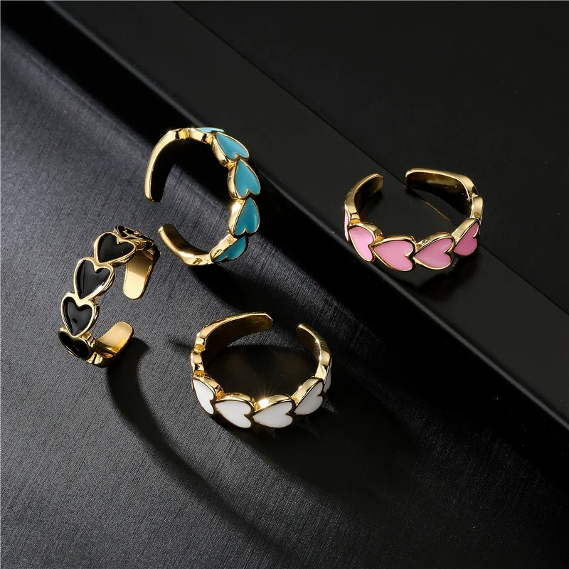 

Fashionable European 18k Gold Plating Oil Drip Heart Rings Multi Colors Enamel Heart Open Rings For Girls