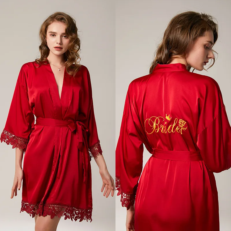 

woman robes Wholesale artificial SILK bride morning wear robes lace wedding dress, 5 colors as the picture /custom