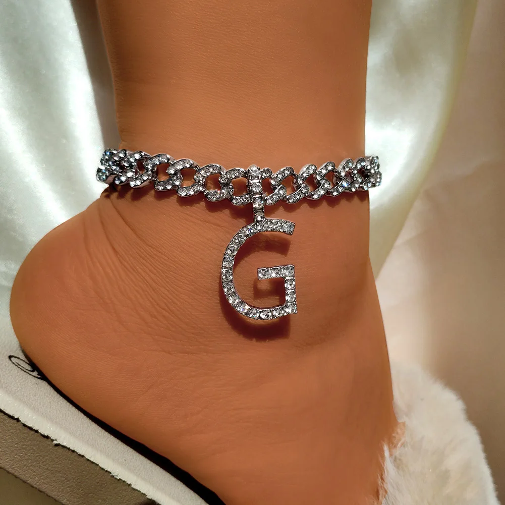 

Fashionable Hip Hop Silver Color Miami Cuban Link Anklets Women Bling Bling Crystal Zircon Letter Pendent Bracelet Anklet