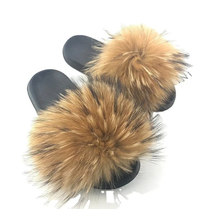 

Specially designed fur slipper socks fur sandals raccoon brown fur slides, Customized