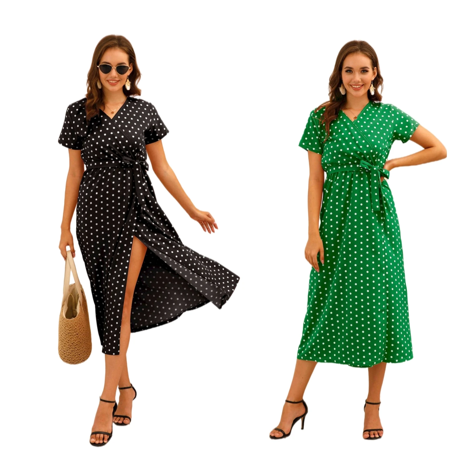 

2021 summer bohemian polka dot mid-length European and American lace-up dress
