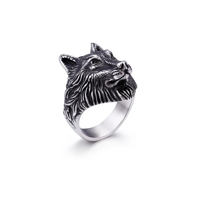 

Wholesale Fashion Men's Vintage Wolf Ring Stainless Steel Ancient Egyptian Wolf Head Men's Ring For Party Gift