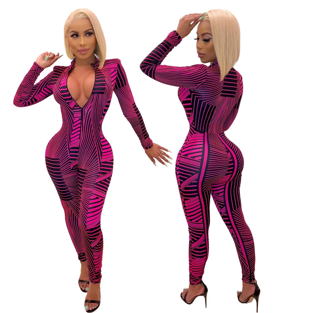 2019 hot sell CC1170 women sexy printed long sleeve bodycon jumpsuit